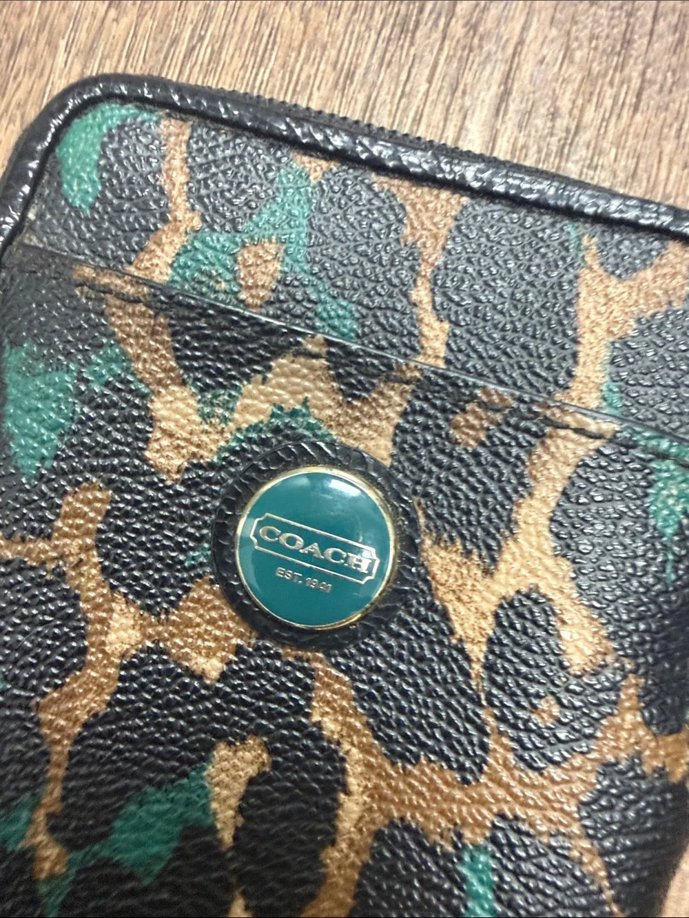 Vintage Coach Leopard Print Wristlet Phone Case in Brown, Black & Green